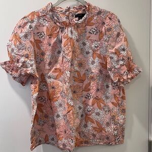 J Crew Peach & Pink Zinnia Floral Smocked Ruffle Puff- Sleeve Linen Top in XL